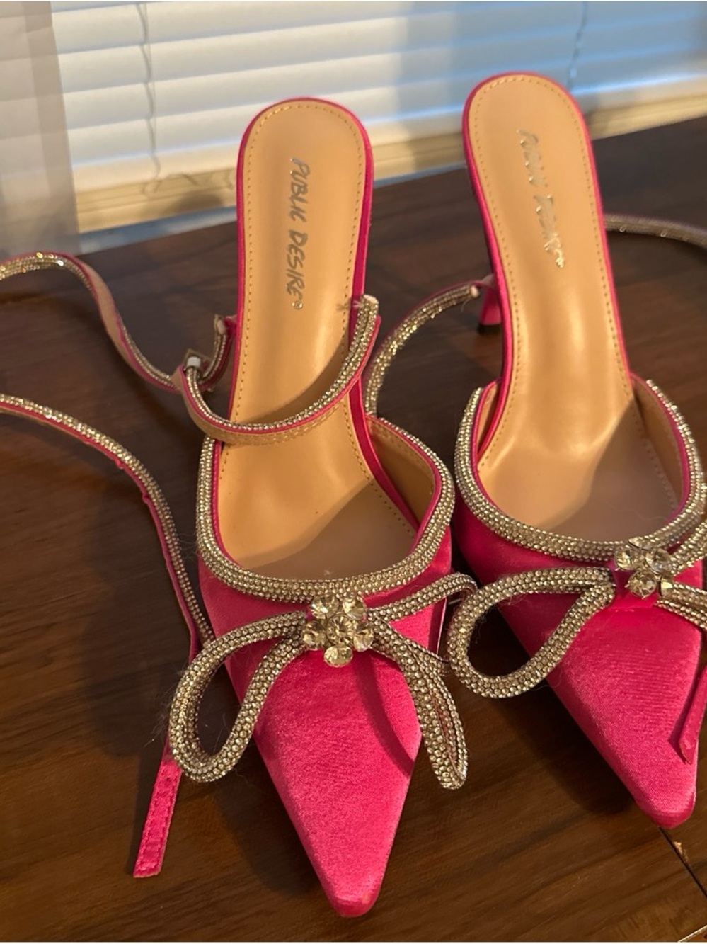 Public Desire Hot Pink Satin Pointed Mules with Crystal Bow